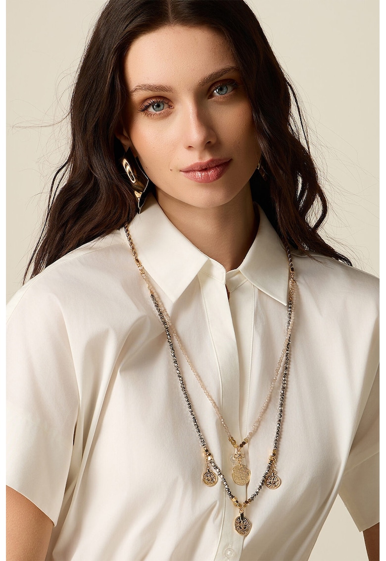 Colier cu siraguri multiple si pandantive - Auriu/Alb fildes/Negru
