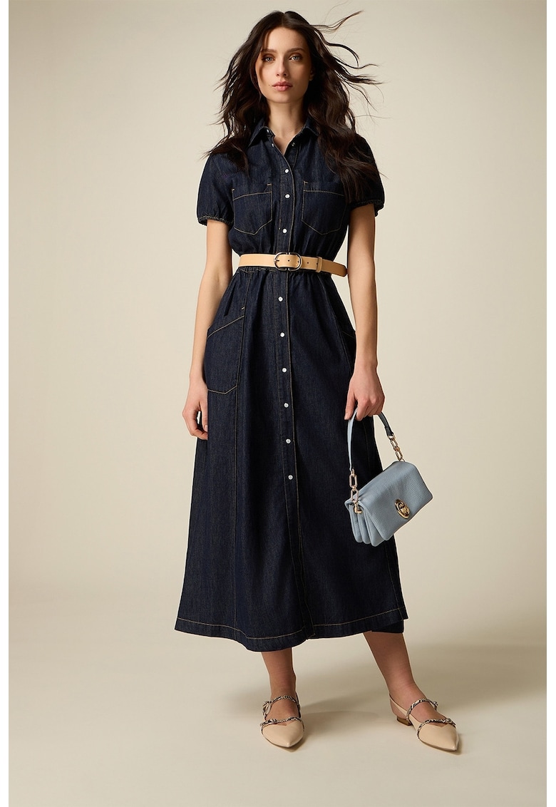 Rochie midi din denim cu talie elastica - Albastru inchis