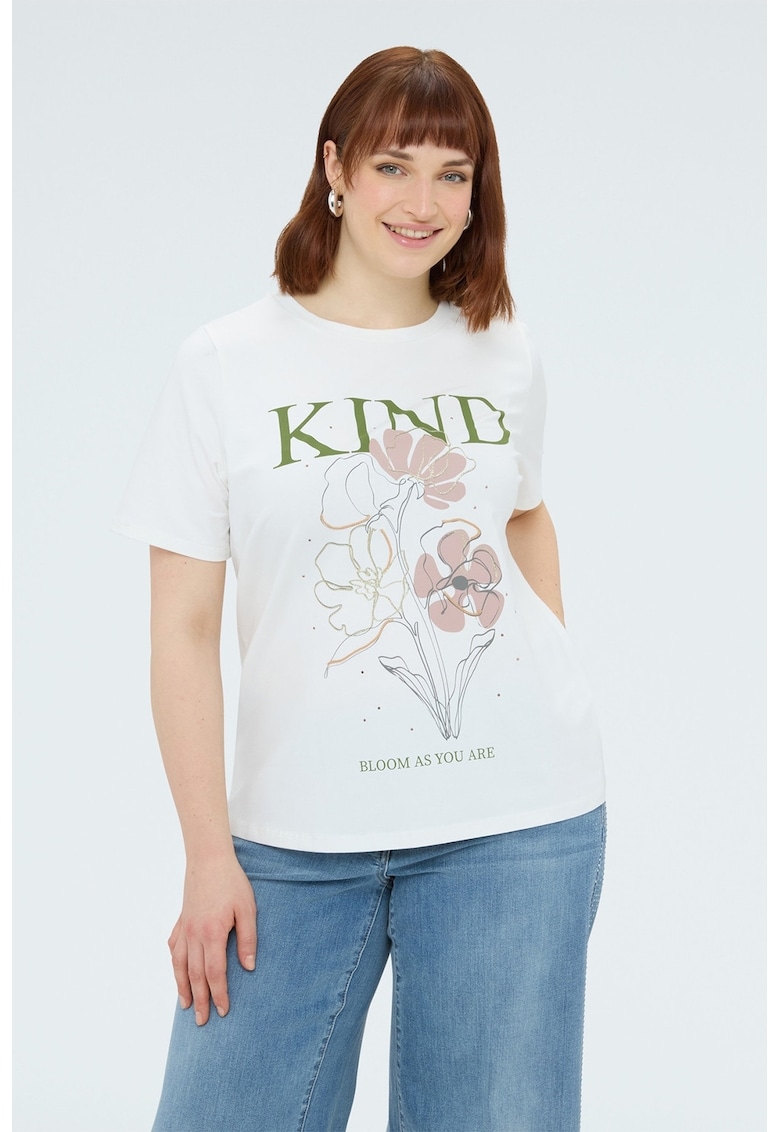 Tricou cu decolteu la baza gatului si design grafic - Alb murdar/Roz pal