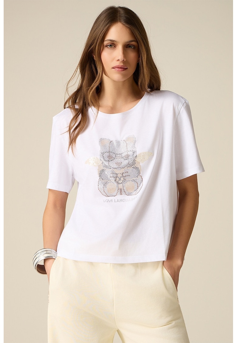 Tricou cu decolteu la baza gatului si imprimeu grafic - Alb/Alb fildes