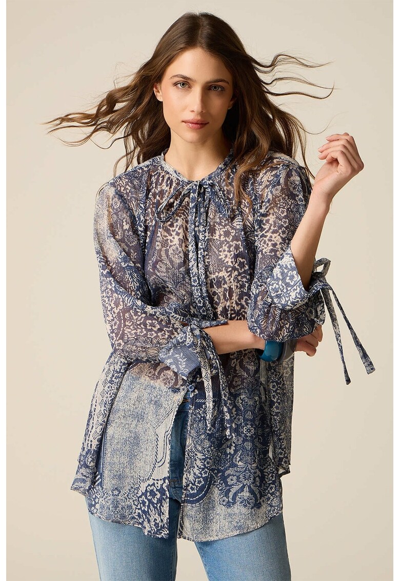 Bluza lejera semitransparenta cu mansete cu snururi - Albastru prafuit