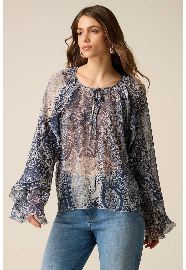 Bluza semitransparenta cu maneci cu volane - Gri/Albastru