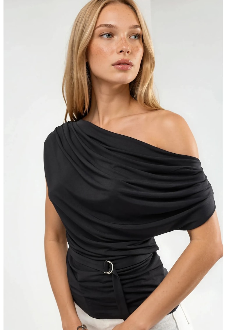 Bluza dama - top cu guler asimetric - negru - jerseu