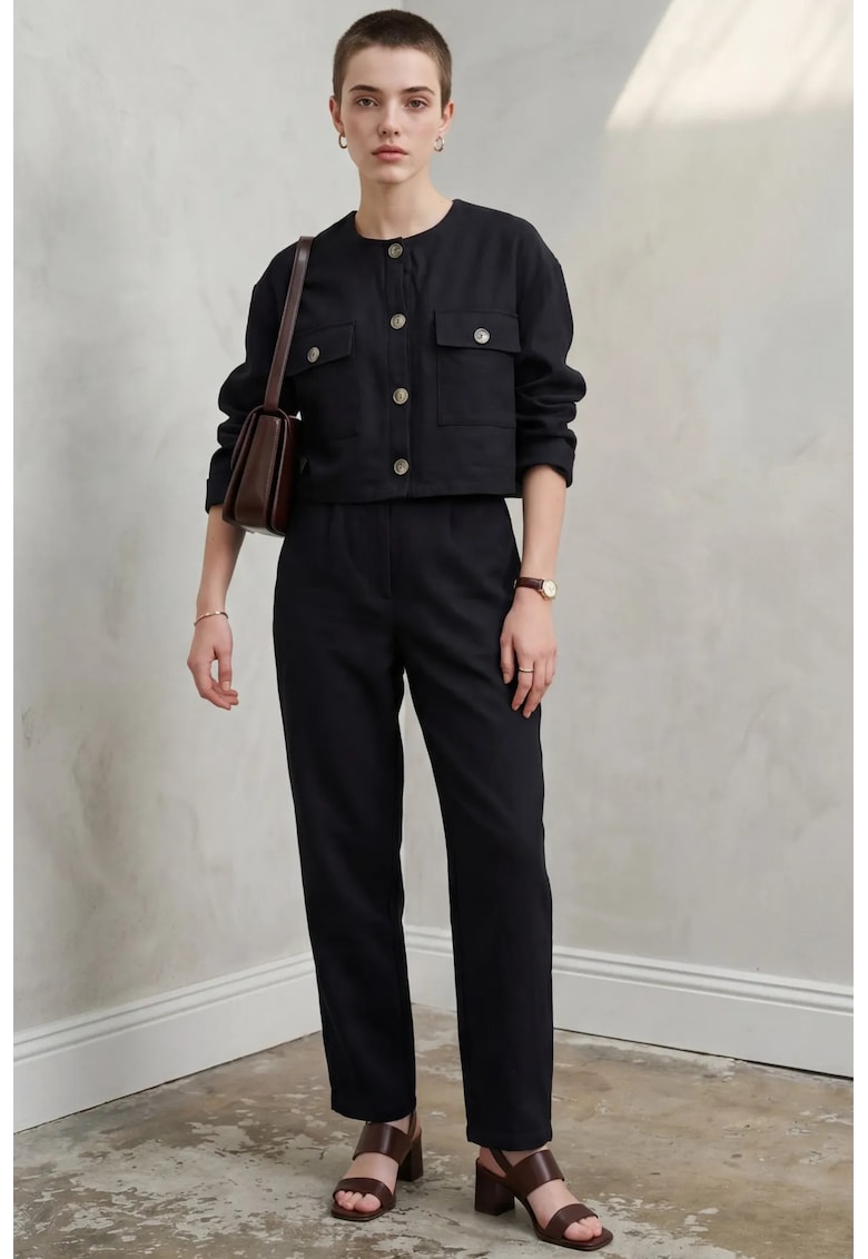 Set din doua piese - bluza cu guler rotund - pantaloni cu picior larg - negru - bumbac - Negru