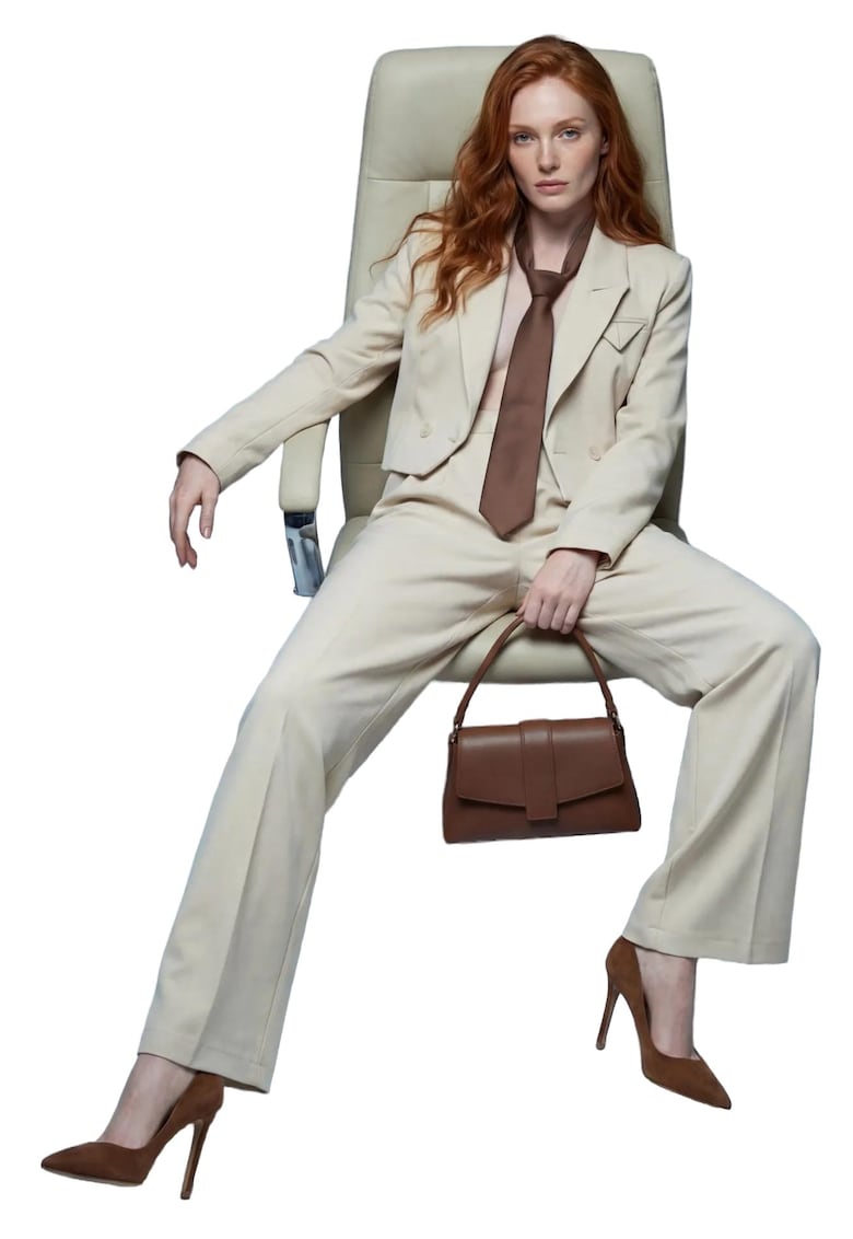 Costum dama - jacheta si pantaloni - bej natural - set din doua piese