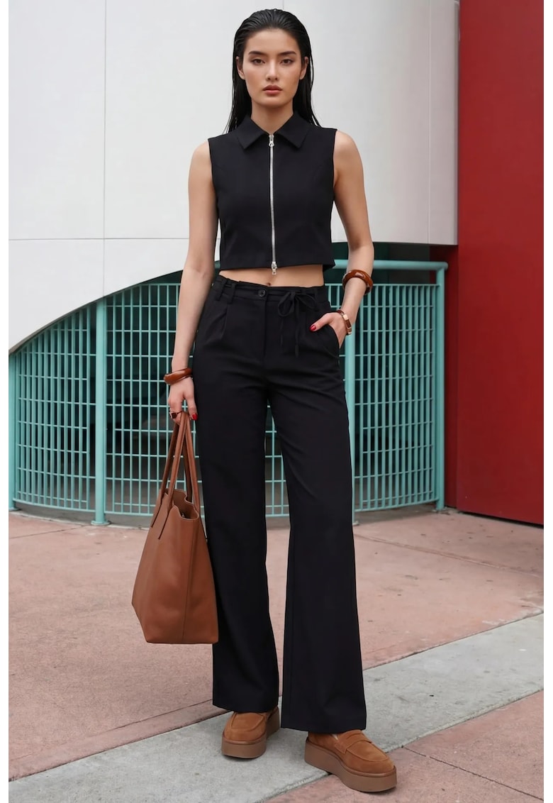 Costum dama - set coordonat doua piese - talie inalta - picior larg - negru - fabricat din material de calitate -