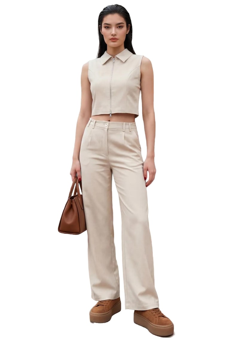 Compleu din doua piese - vesta fara maneci - pantaloni largi - bej natural -