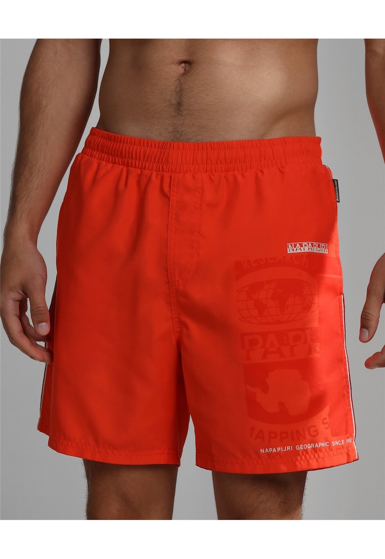 Pantaloni scurti de baie cu imprimeu logo si talie joasa elastica Galapagos