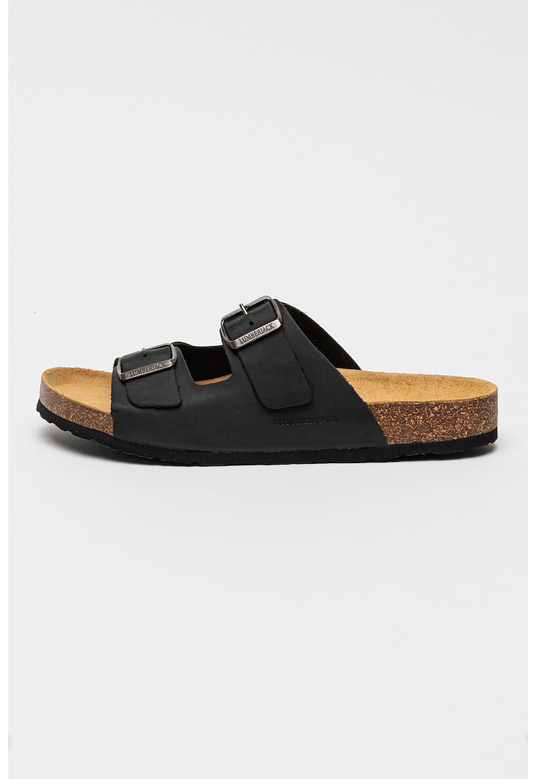Papuci din piele cu catarame Flint - Negru