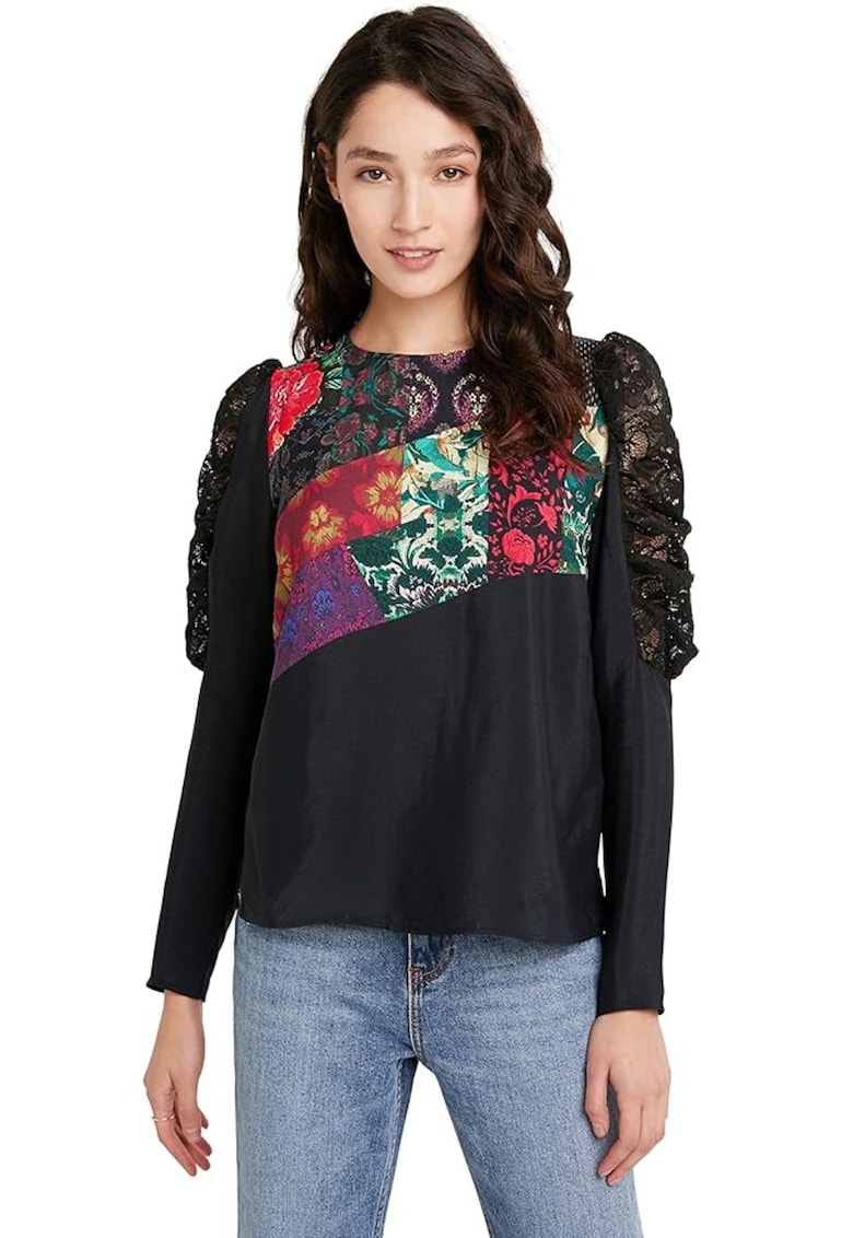Bluza cu maneci drapate si insertii din dantela -