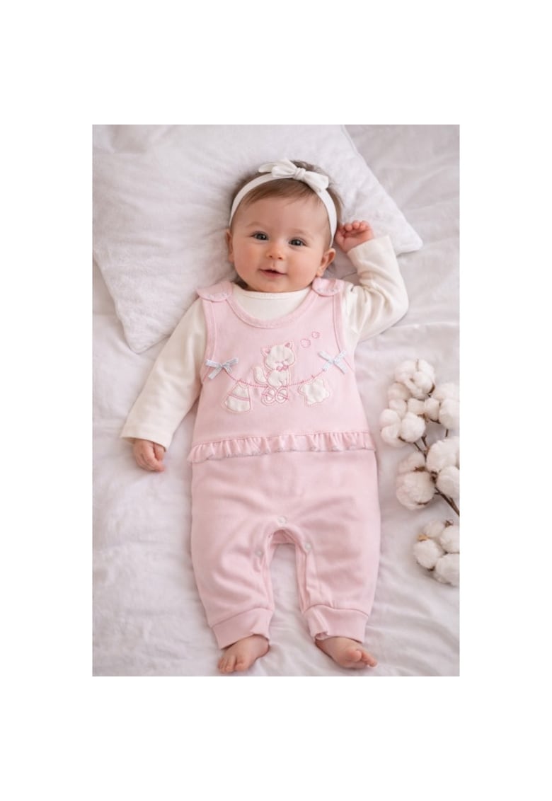 Salopeta bebe fetita roz bumbac cu bluza integrata broderie delicata inchidere capse