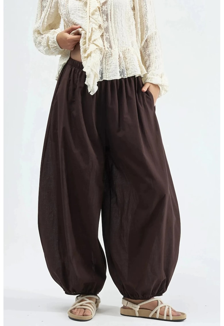 Pantaloni dama - talie elastica - maro - poliester