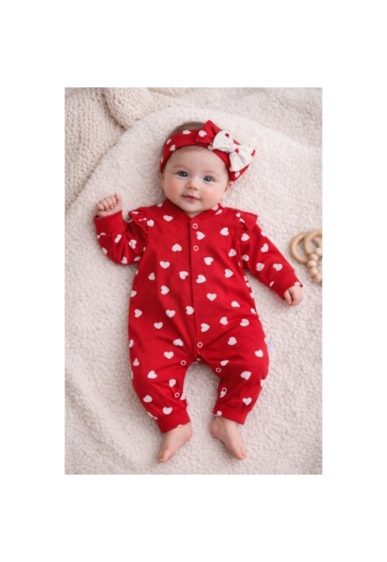 Salopeta bebe fetita rosie cu inimioare bumbac maneca lunga cu bentita inclusa
