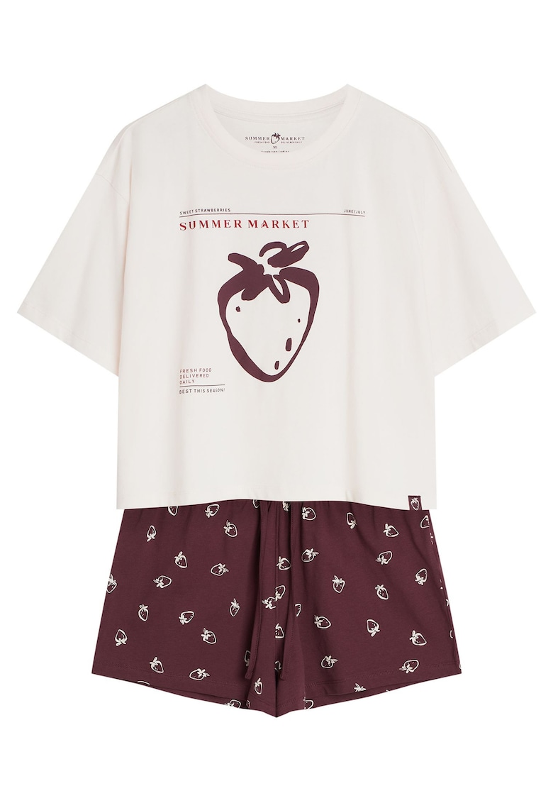 Pijama dama - Stil Capsune - Alb crem - maro - Evika - Grafic