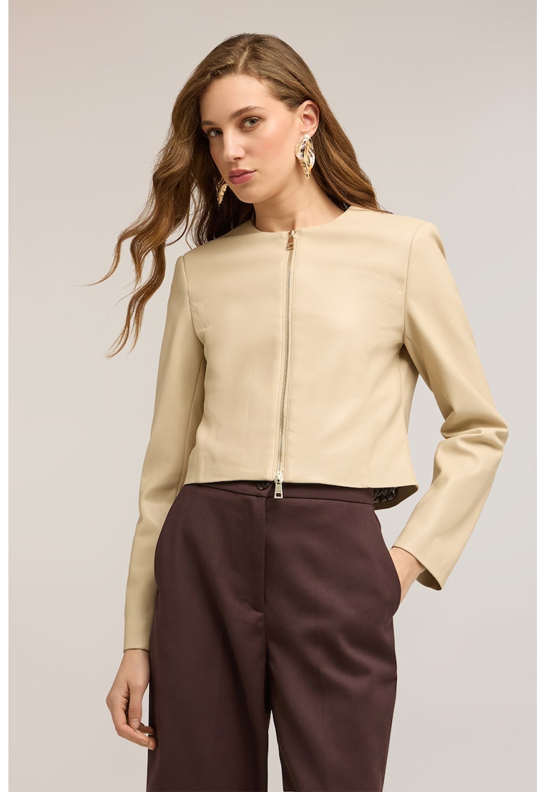 Jacheta crop de piele ecologica - Bej