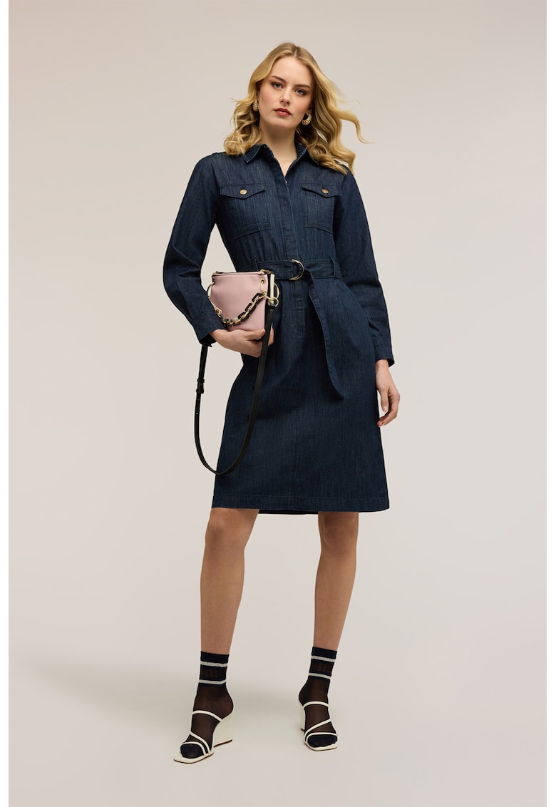 Rochie-camasa din denim cu cordon asortat - Albastru ultramarin