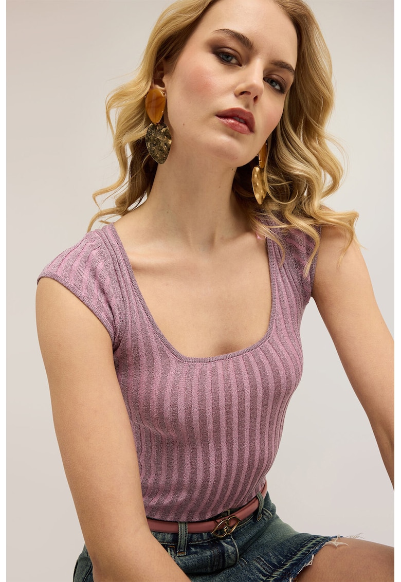 Tricou striat cu decolteu amplu - Roz fandango
