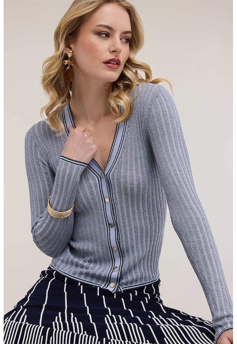 Cardigan cu striatii si decolteu in V - Albastru prafuit/Negru stins