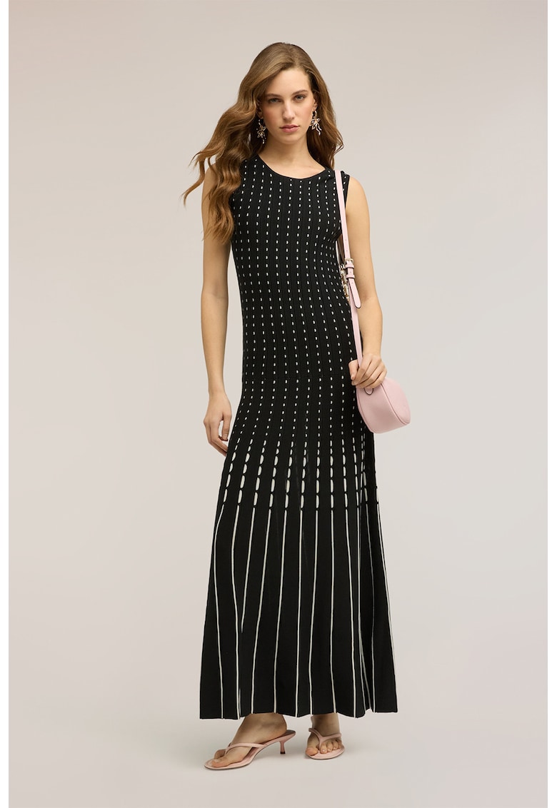 Rochie maxi evazata cu decolteu rotund - Alb/Negru