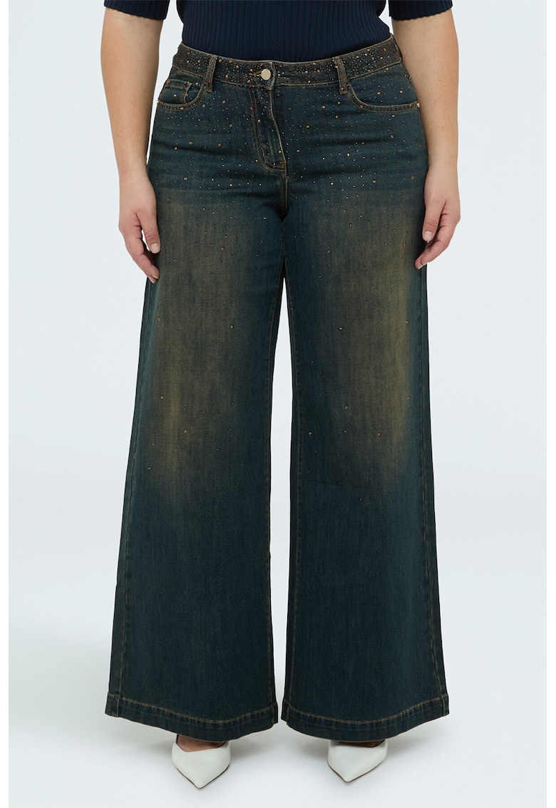 Blugi ampli cu strasuri - Auriu/Albastru petrol