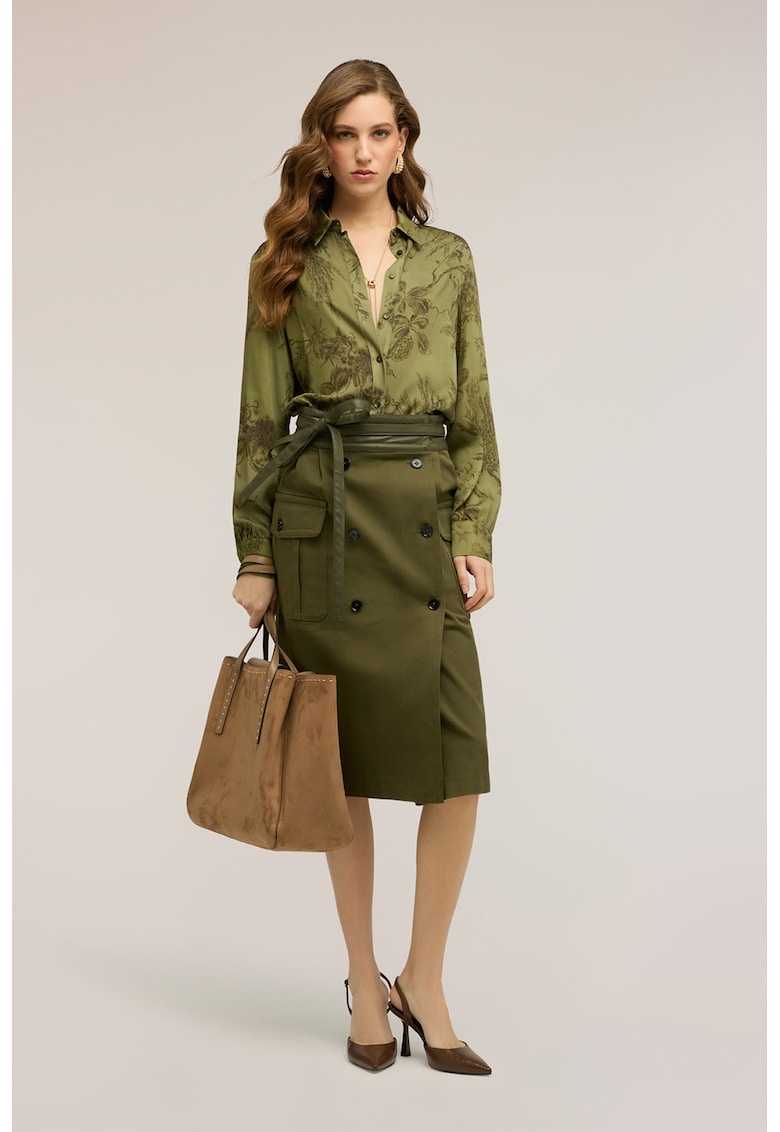 Fusta midi cu doua randuri de nasturi si buzunare cu clapa - Kaki inchis