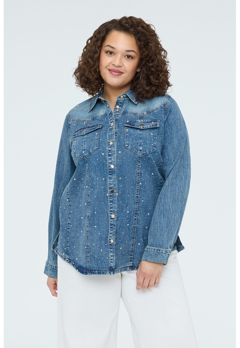 Camasa de denim cu strasuri - Albastru lavanda/Argintiu