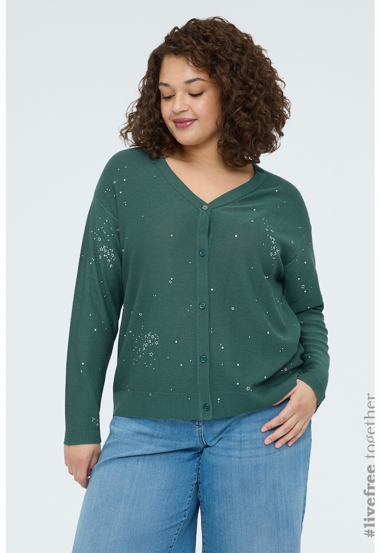 Cardigan cu decolteu in V si detaliu floral - Verde englez