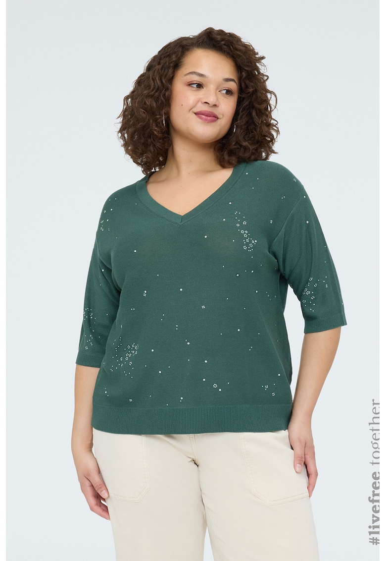 Bluza cu decolteu in V si detaliu floral - Verde aquamarin