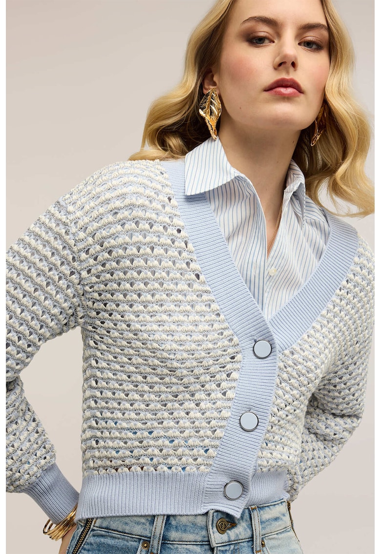 Cardigan crop cu perforatii - Albastru pal/Bej deschis