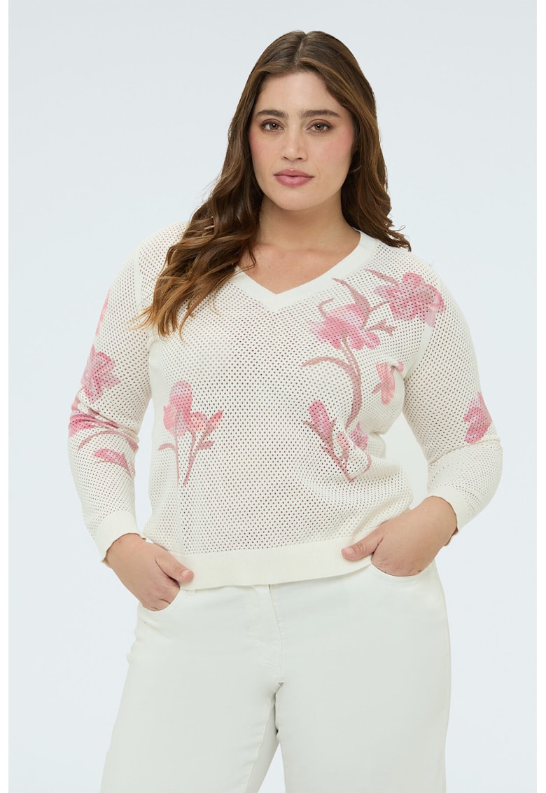 Pulover cu decolteu in V si model floral - Alb/Roz deschis