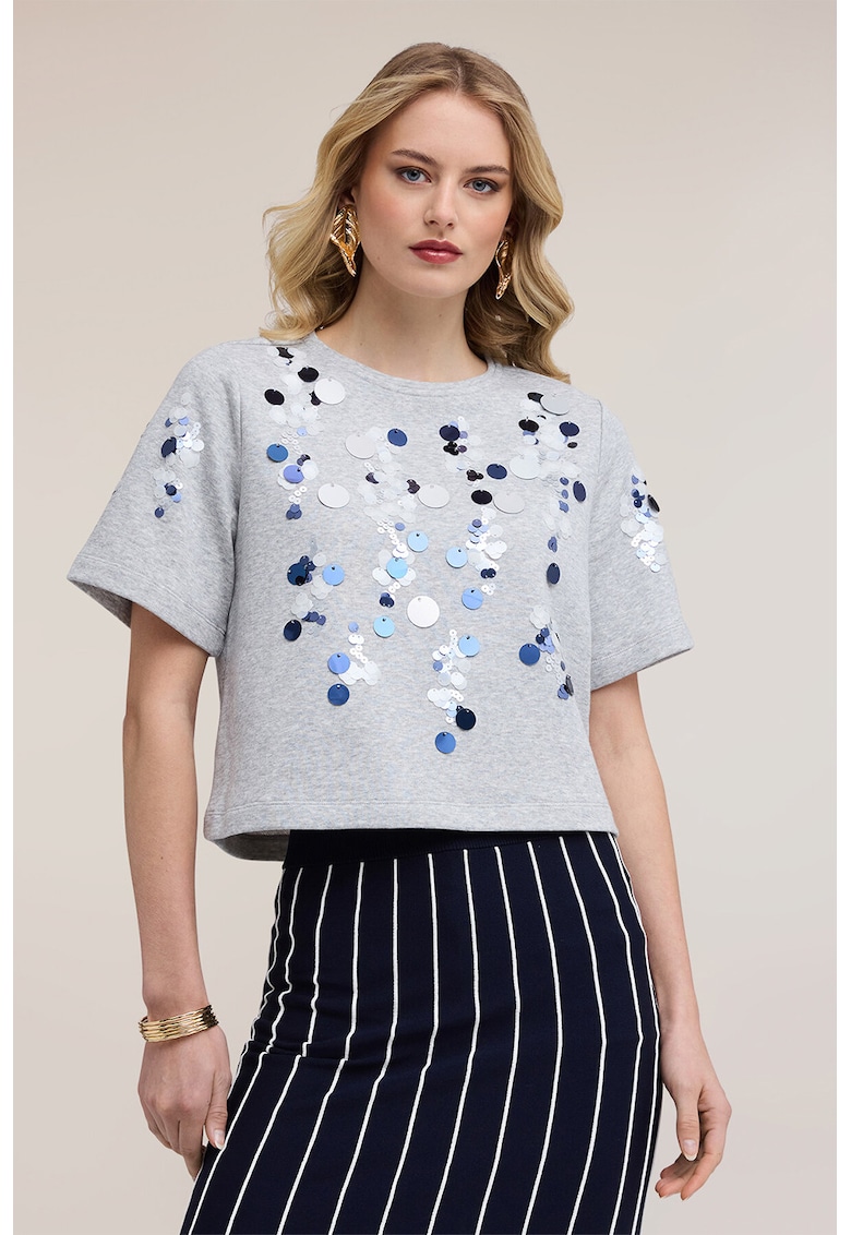 Tricou cu aplicatii de paiete - Gri deschis/Albastru ultramarin/Bleumarin