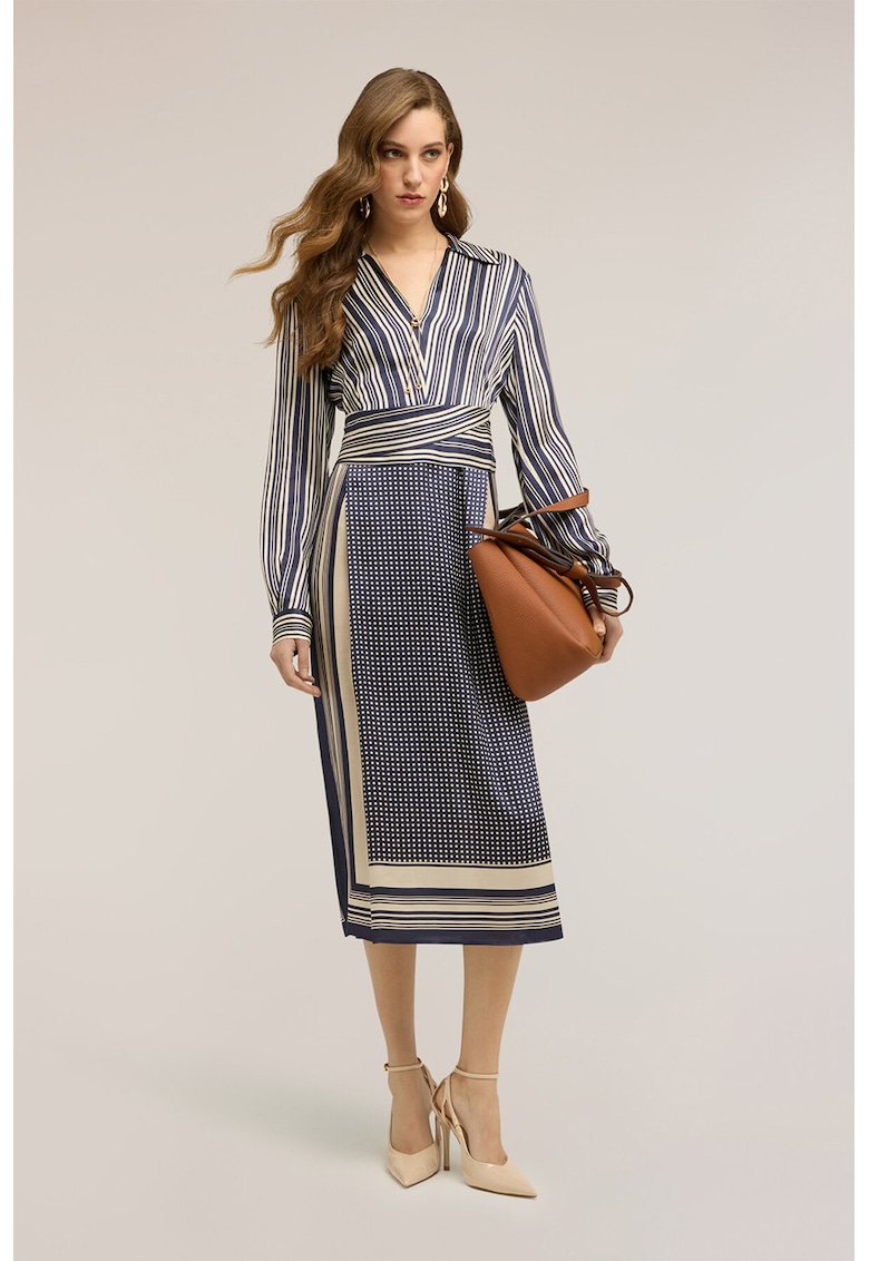 Rochie dreapta cu model - Albastru indigo/Bej deschis