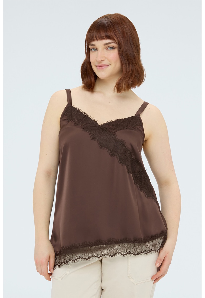 Top asimetric cu garnituri de dantela - Maro pamantiu