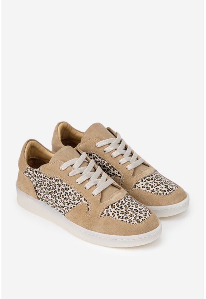 Pantofi dama bej din piele intoarsa cu detalii animal print