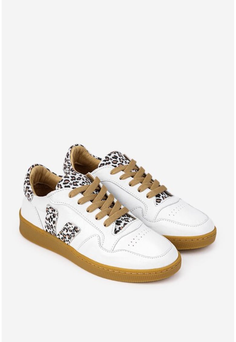 Pantofi dama albi din piele naturala cu detalii animal print