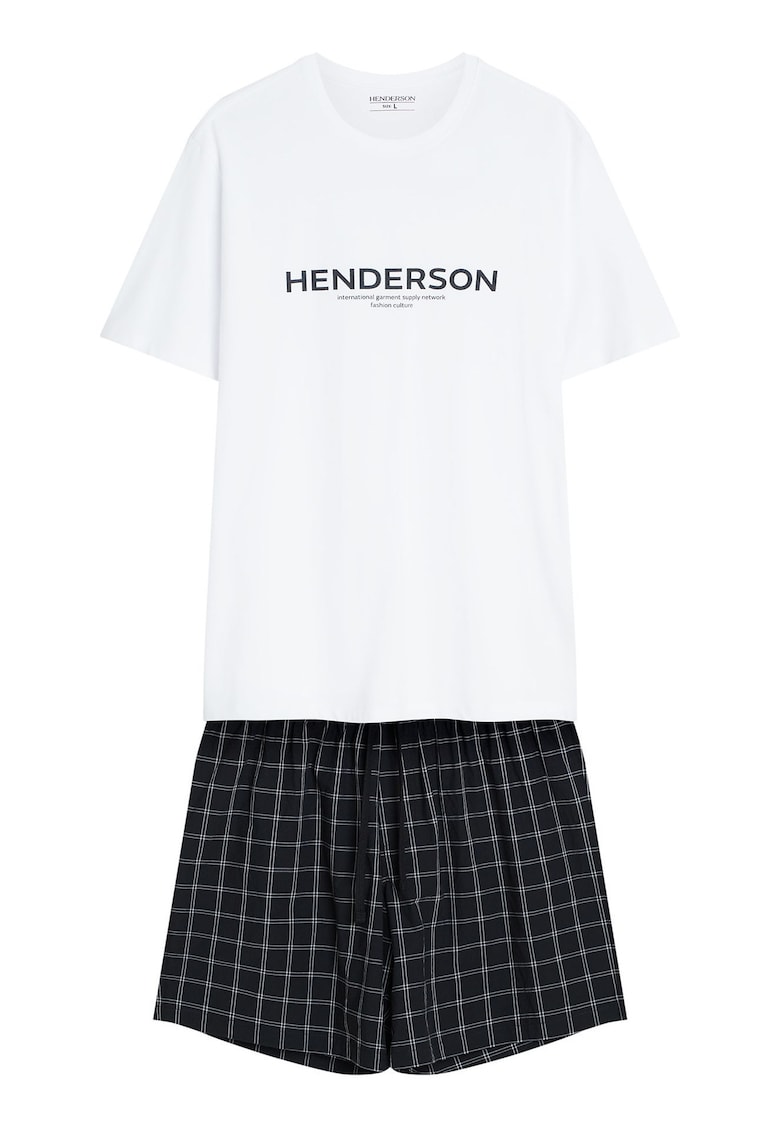 Pijama Barbati cu imprimeu text si carouri albastru-bej - Negru