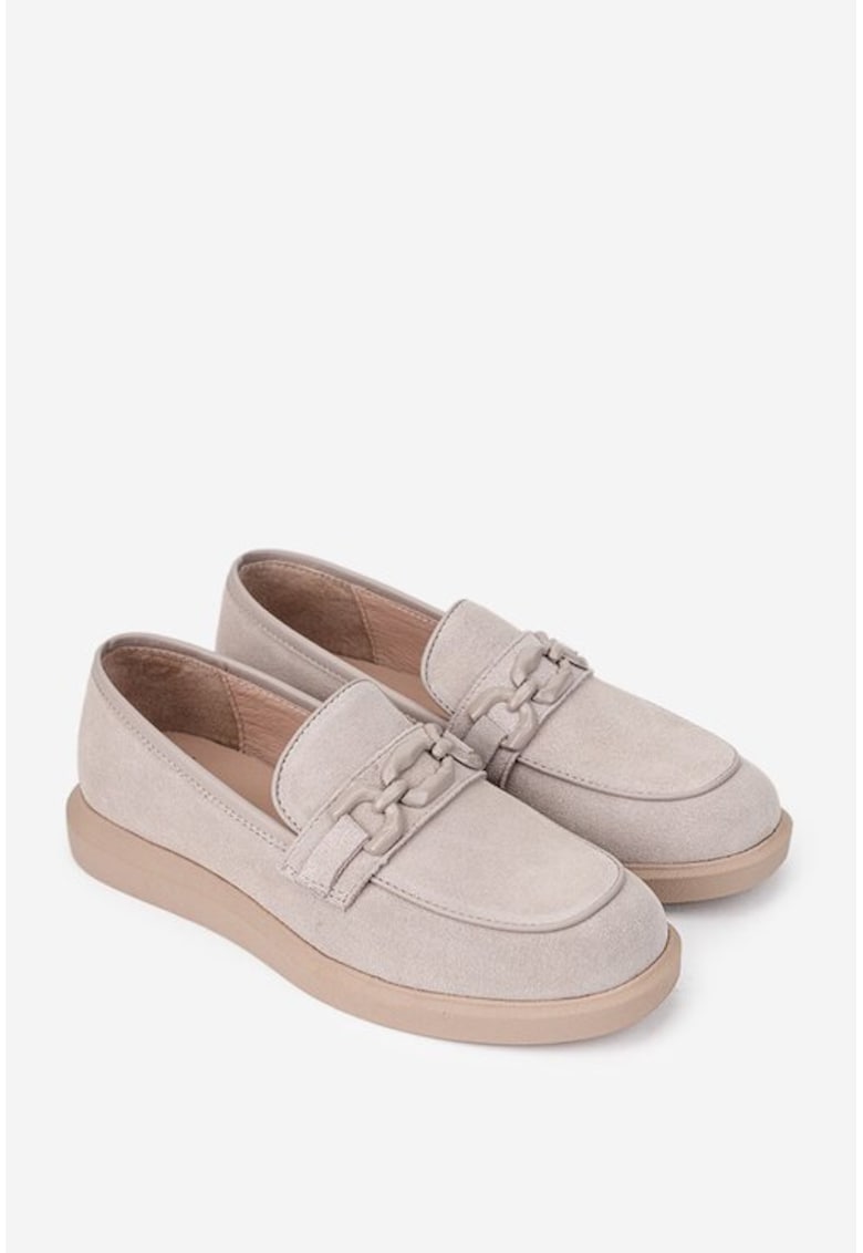 Pantofi dama bej din piele intoarsa cu ornament