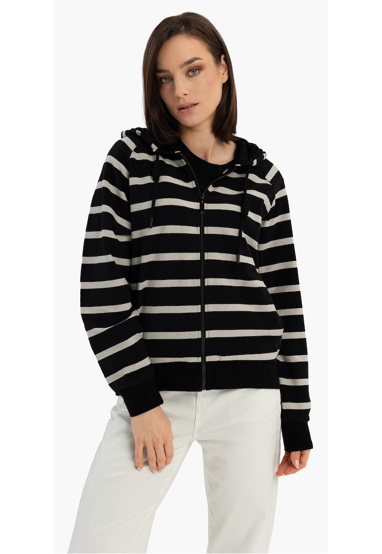 Hanorac cu gluga din bumbac dama - cu fermoar - cu dungi - buzunare - B-Kira - negru/bej - Negru/Bej