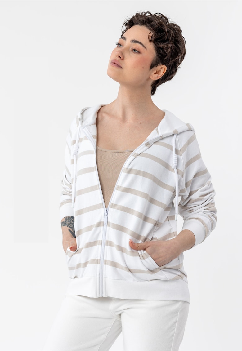 Hanorac cu gluga din bumbac dama - cu fermoar - cu dungi - buzunare - B-Kira - alb/bej - Alb/Bej