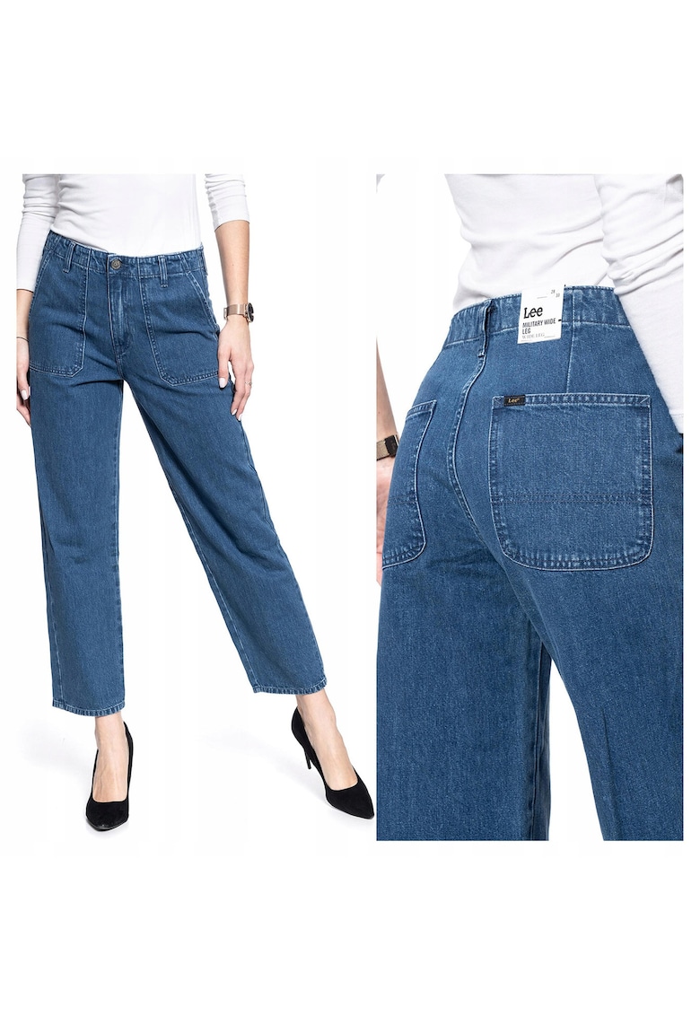 Blugi Dama - Military Wide Leg - Straight Fit - Talie Inalta - 5 Buzunare - Lungi - Fermoar - Bumbac - W28-L33 US - Albastru