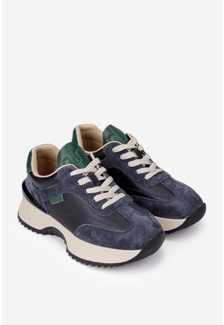 Pantofi dama bleumarin cu verde din piele