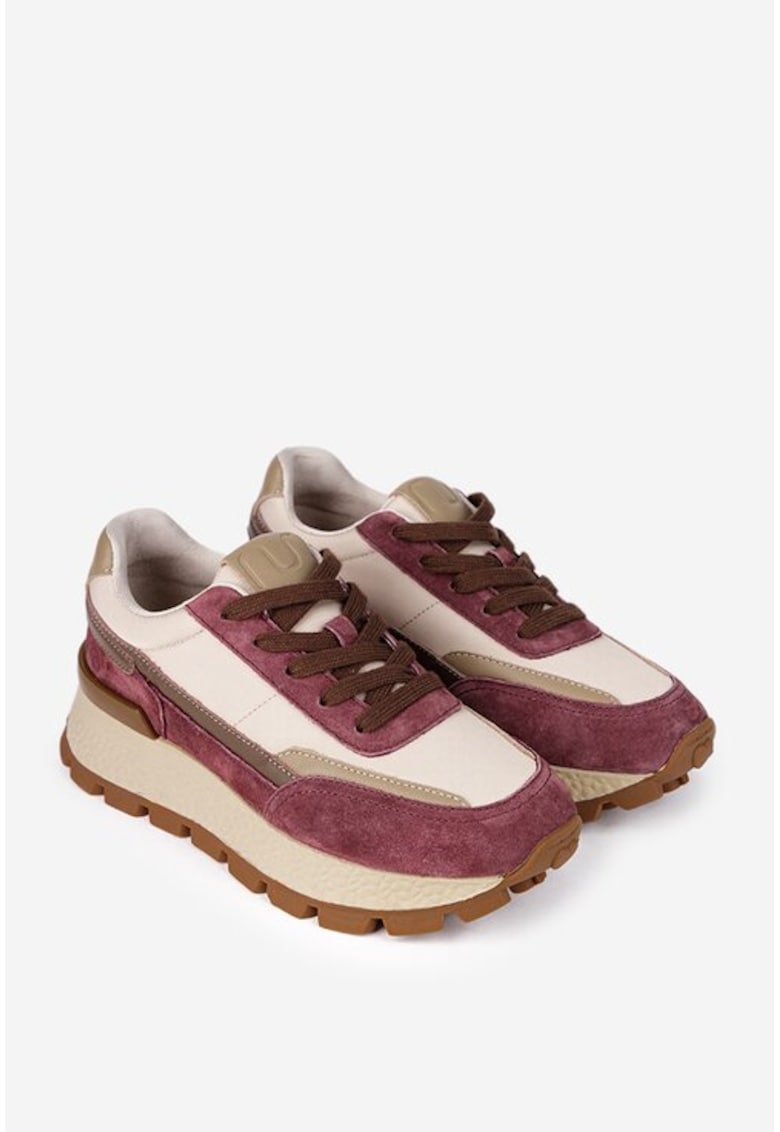 Pantofi dama bej cu mov din piele si material textil
