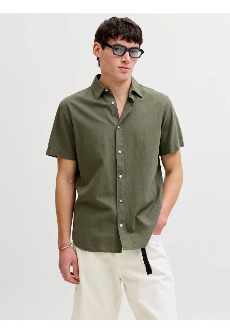 Camasa cu maneca scurta barbati - din amestec de in - Regular fit - Verde masliniu