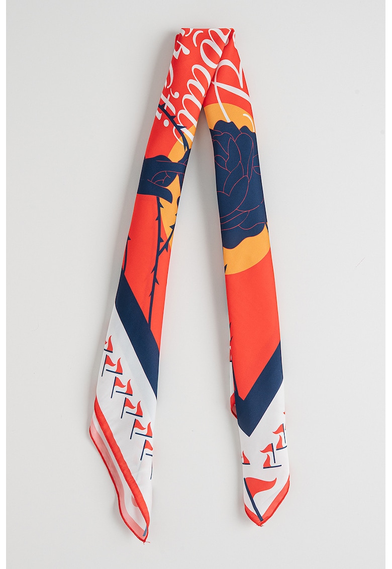 Esarfa cu imprimeu grafic si text - Rosu/Portocaliu/Albastru