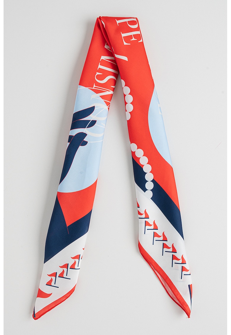 Esarfa cu imprimeu grafic si text - Rosu/Albastru pastel/Albastru deschis