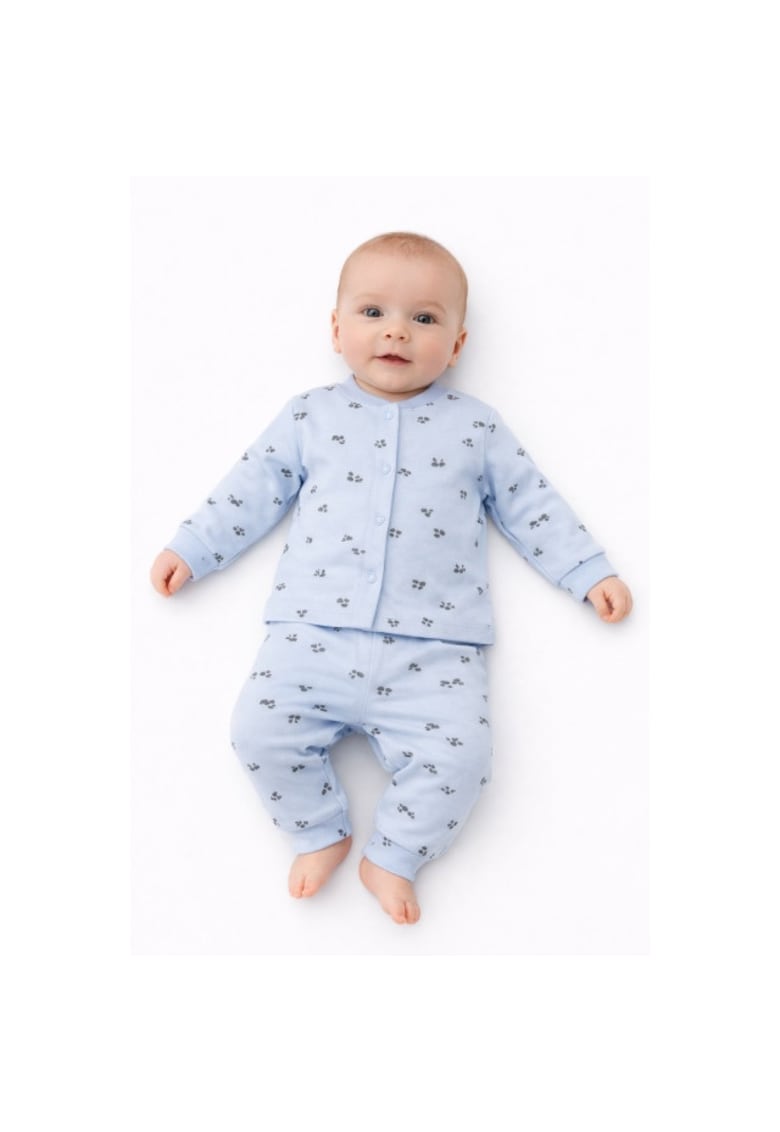 Pijama bebelus 2 piese bumbac bluza pantaloni cu labute albastru