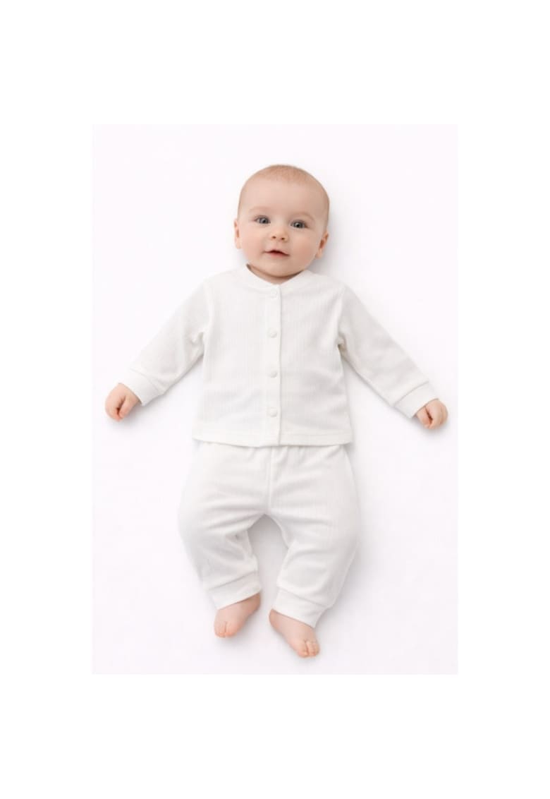 Pijama bebelus unisex 2 piese bumbac ribat bluza pantaloni alb