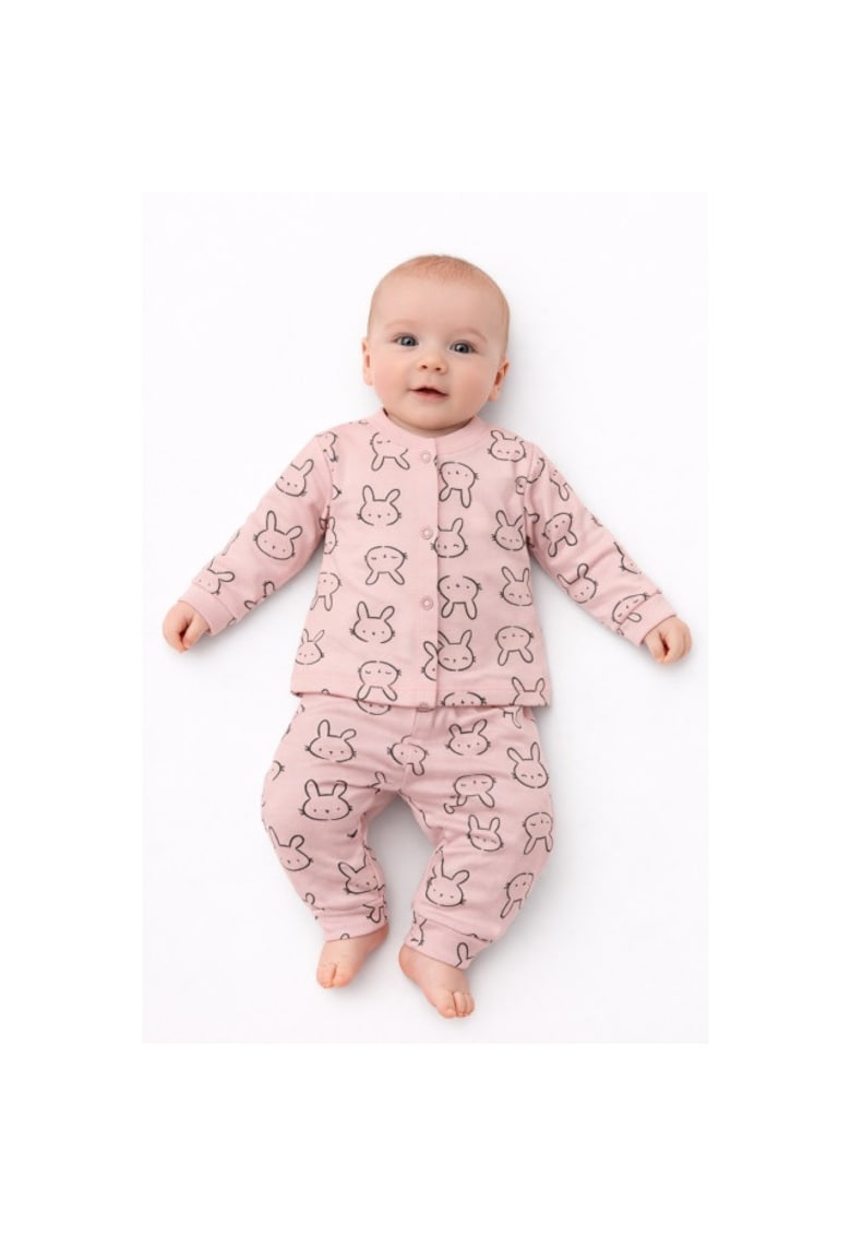 Pijama bebelus fetita 2 piese bumbac cu iepurasi bluza pantaloni roz