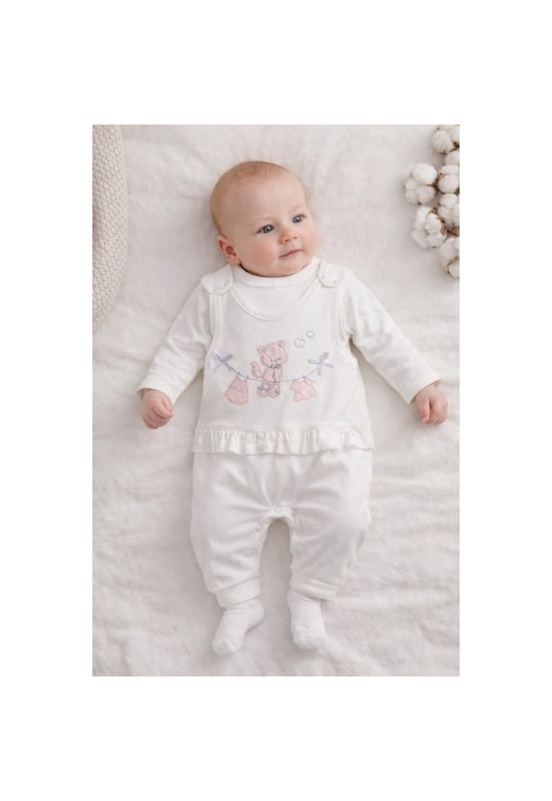 Salopeta bebe alba bumbac bluza cu maneca lunga broderie delicata si sosete