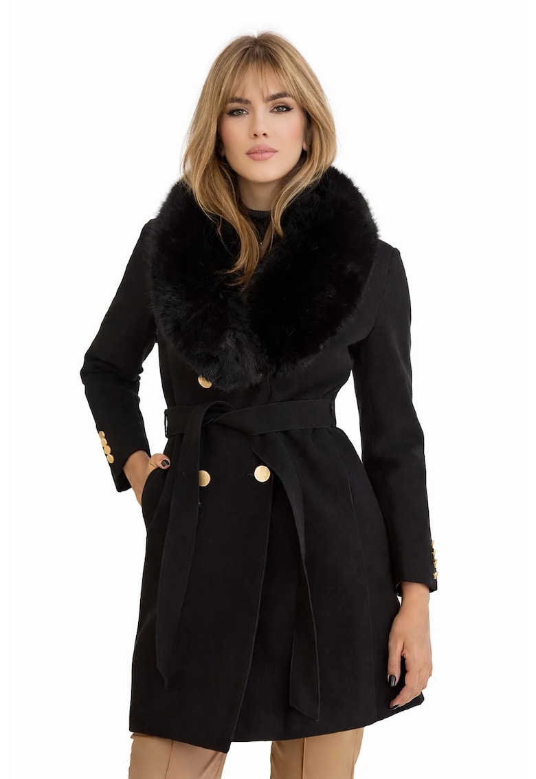 Palton dama din lana - croi cambrat - cu guler detasabil din blana ecologica Crem - Negru